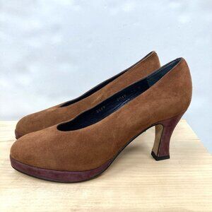 Pura Lopez Suede Pumps, Size 6.5 B, Caramel & Plum Leather 3" Spool Heel Classic